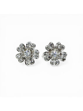 Vintage Keyes Rhinestone Flower Earrings Screw Back Silver Tone Bridal Cluster
